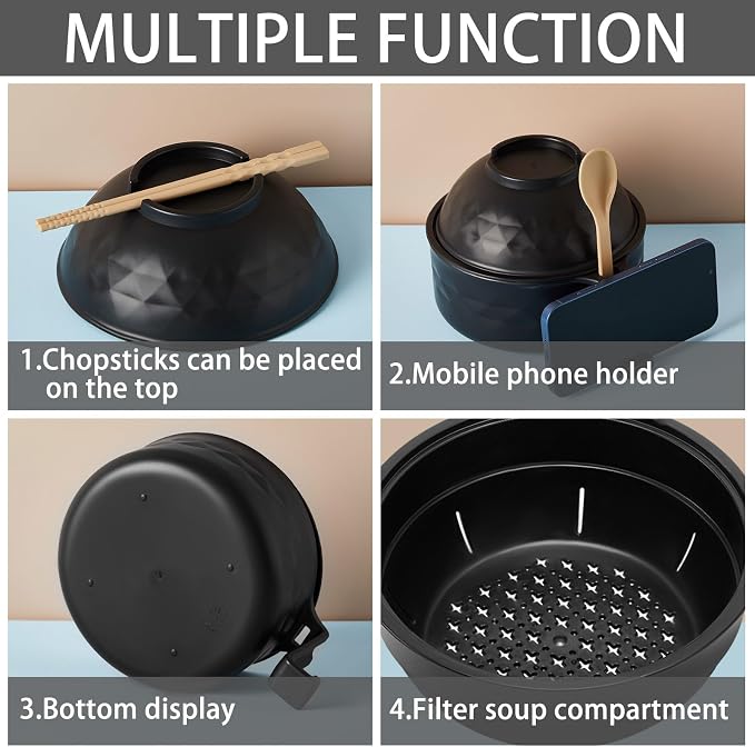 1 Set Microwave Ramen Cooker 40oz Wheat Straw Microwave Noodle Bowl Set with Chopsticks, Spoon, Fork, College Dorm Office Apartment Essentials (Black)