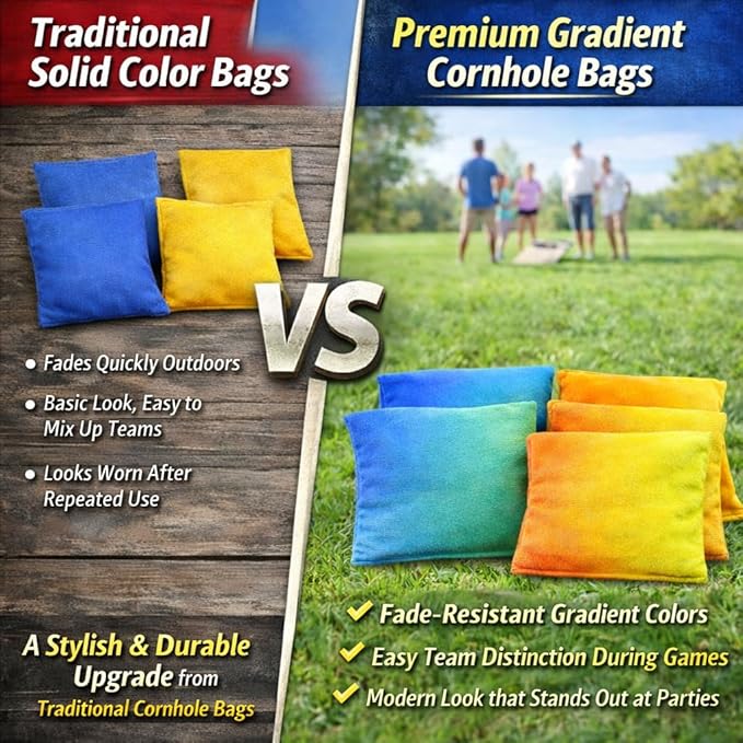 Cornhole Bags Set of 8, Weather Resistant Cornhole Bean Bags with Gradient Design, Durable Modified Size Corn Hole Bags for Outdoor Tossing Games, Includes Tote Bag