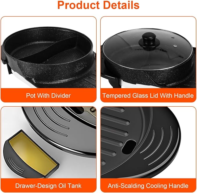 Hot Pot with Grill, 2 in 1 Korean BBQ Grill Shabu Shabu Hot Pot, 2200W Indoor Smokeless Hotpot Pot Combo Electric W/Large Baking Tray, Divider & Separate Dual Temperature Control for 2-12 People, 110V