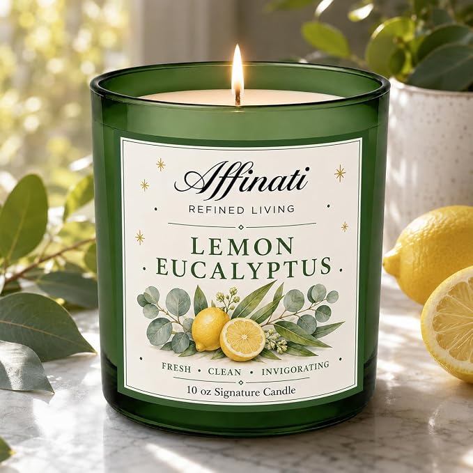Affinati Lemon Eucalyptus 10 oz Scented Candle – Long Lasting Luxury Soy Blend Candle, Strong Scent Throw Vibrant Citrus Herbal Aromatherapy Candles for Home, Premium Room Odor Eliminator