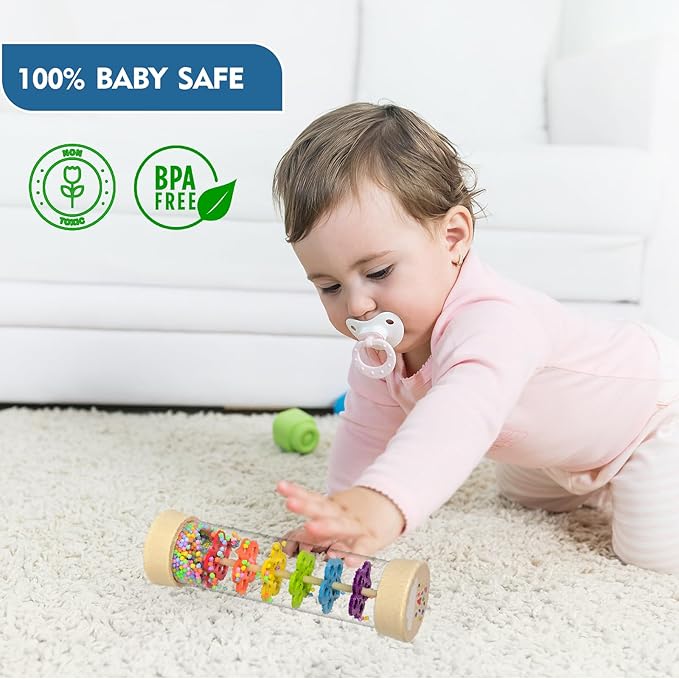 Rain Stick, Montessori Baby Toys for 6-12 Months 1 Year Old, Baby Rattle Wooden Sensory Toys, 7.7” Rainmaker Infant Musical Toy - Gifts for 6 7 8 9 12 Month Old Newborn Boys Girls Toddlers