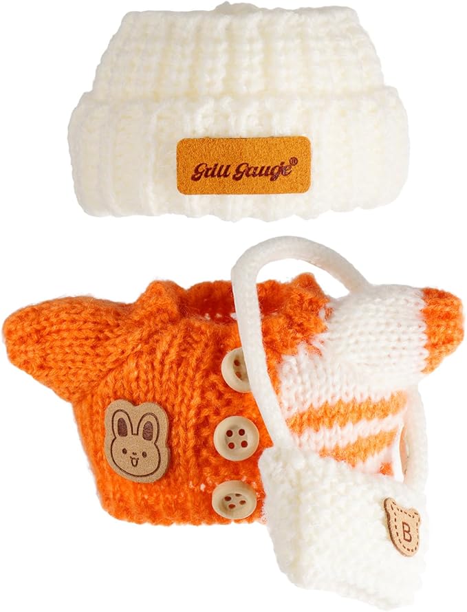 Clothes for 17cm Doll Clothes Set for 17cm Doll, Crochet 3 Piece Set Hat Clothes Backpack for Dolls, Stylish Adorable Dolls Clothes Accessories (No Doll) (Orange)