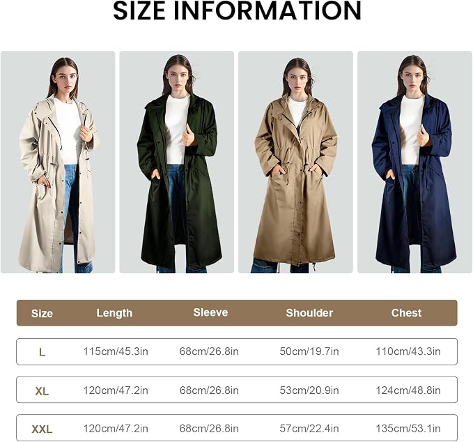 LAMA Womens Long Raincoats Rain Jacket Waterproof Packable Hooded Windbreaker Lightweight Adjustable Waist for Outdoor