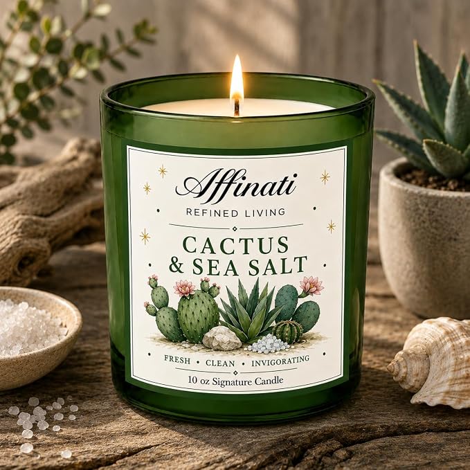 Affinati Cactus Sea Salt 10 oz Scented Candle – Long Lasting Luxury Soy Blend Candle for Home, Strong Scent Throw Fresh Crisp Coastal Aromatherapy Candle, Clean Burning Home Fragrance Gift