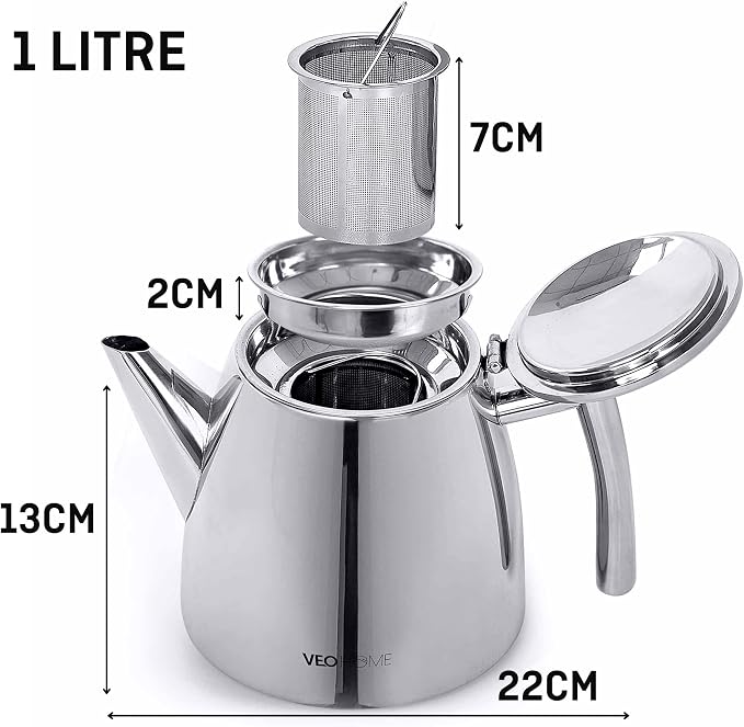 VeoHome Stainless Steel Tea Pot with Infuser - Keeps Heat Thanks to its Double Wall, Silver (1 Liter (34 oz))…