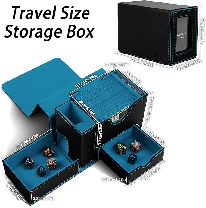 MTG Deck Box for Commander Display with Dice Tower, Fits 100 Double Sleeved Cards for TCG/PTCG, Cards Storage Case with Dice Tray and 35PT Magnetic Card Holder (Black/Cyan)