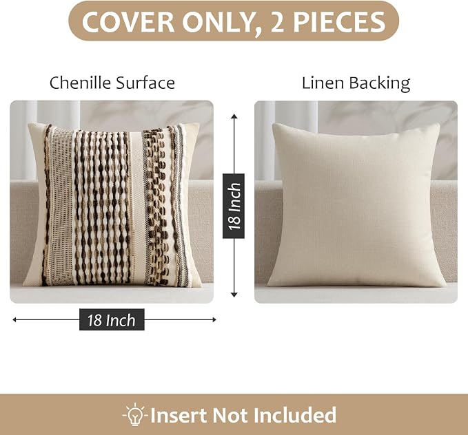 ANRODUO Boho Decorative Pillow Covers Dark Brown Stripe 18x18 Pack of 2 | Throw Pillow Covers, Farmhouse Cushion Case, Chenille Pillow Cases, Pillow Covers, Accent Neutral Pillowcase for Couch Bed