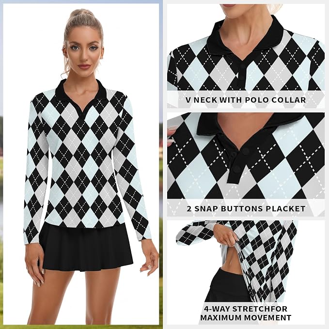 Soneven Womens Golf Shirts Moisture Wicking V Neck Long Sleeve Polo Shirts Collared Tops