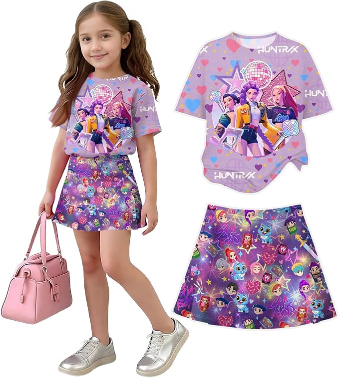 HTHLVMD K Pop Short Sleeve T-Shirt and Skirts Outfits Set for Girls Hunters Rumi Mira Zoey Graphic Tees De-Mon Costume