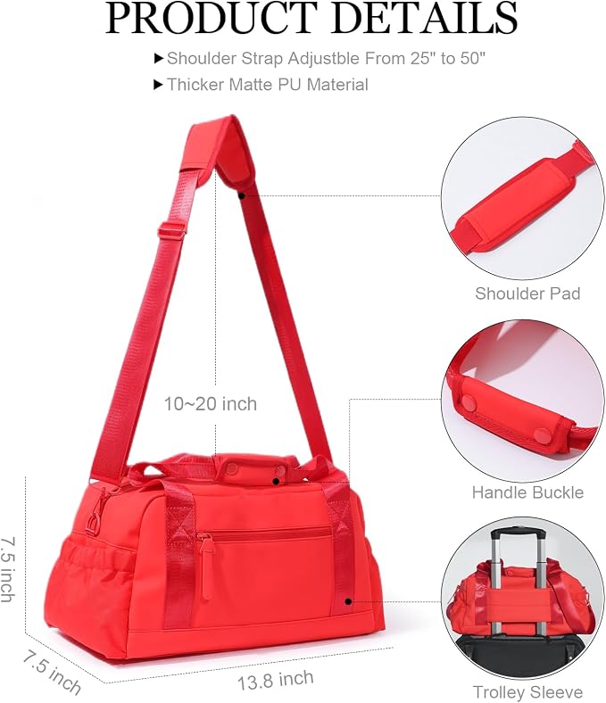 Bucosd Small Gym Bag for Women, Mini Crossbody Gym Duffle Bag with Wet Compartment, Carry on Gym Tote Bag for Workout Dance Sport Travel (Medium-Red)