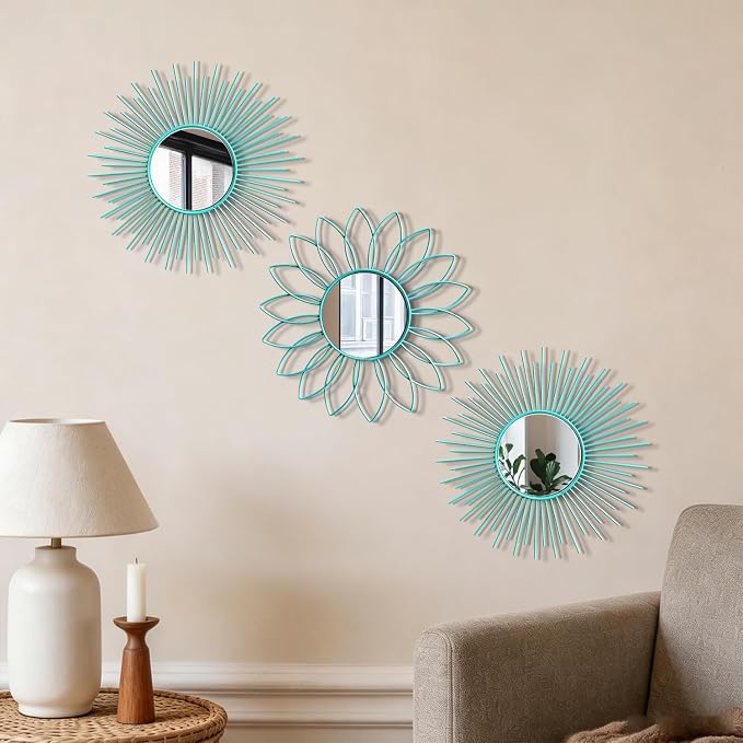 3 Pack Metal Mirrors for Wall Sunburst Wall Mirrors Home Décor Decorative Hanging Wall Art for Living Room Bedroom Entryway (Greenish Blue, Flower+Sunburst)