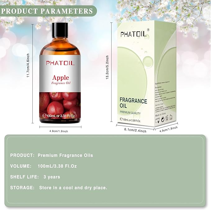 PHATOIL 3.38FL.OZ Apple Fragrance Oils for Aromatherapy, Essential Oils for Diffusers for Home, Perfect for Diffuser, Yoga, Skin Care, DIY Candle and Soap Making - 100ml