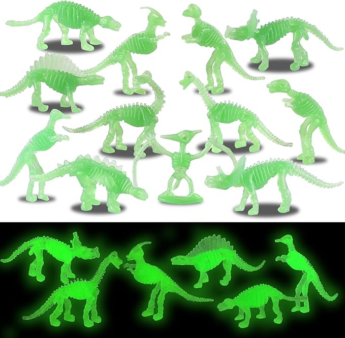 UPINS 36Pcs Glow in Dark Mini Dinosaur Figures, Small Luminous Dinosaur Toy Birthday Party Favors Supplies Dino Cupcake Toppers Plastic Dino Toys for Kids Easter Basket Suffers Classroom Prizes Box