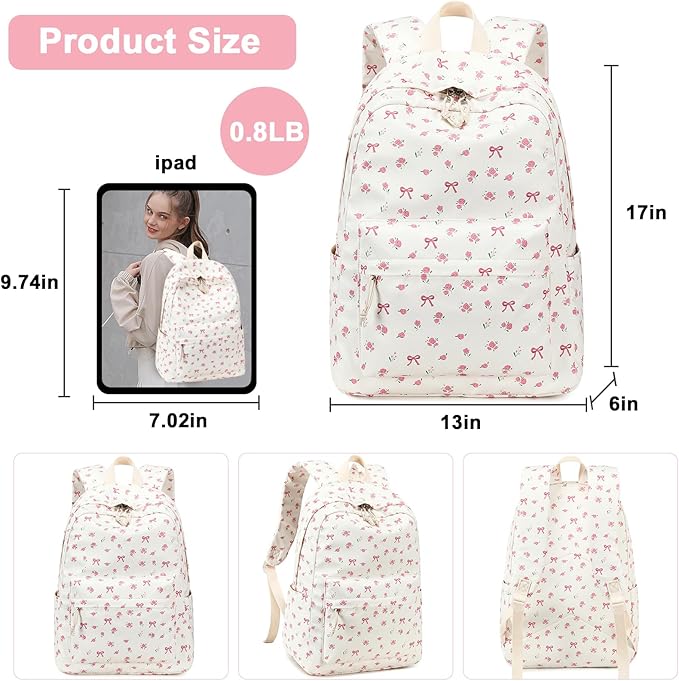 Bluboon Teen Girls School Backpack Kids Bookbag Set with Lunch Box Pencil Case Travel Laptop Backpack Casual Daypacks (Beige bow tie)