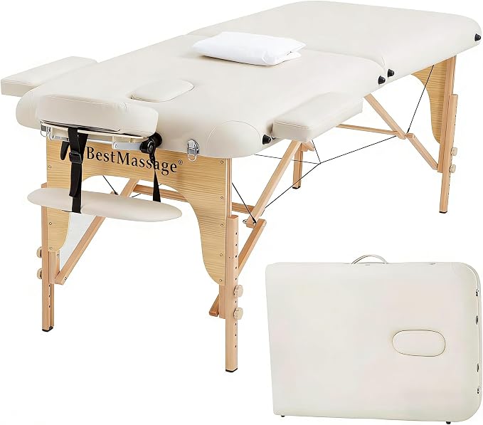 BestMassage Massage Bed Portable Massage Table 28 inch Wide Lash Bed Height Adjustable PU Leather 2 Folding with Towel Hanger Oil Pouch Half Bolster Round Bolster Non-Woven Bag