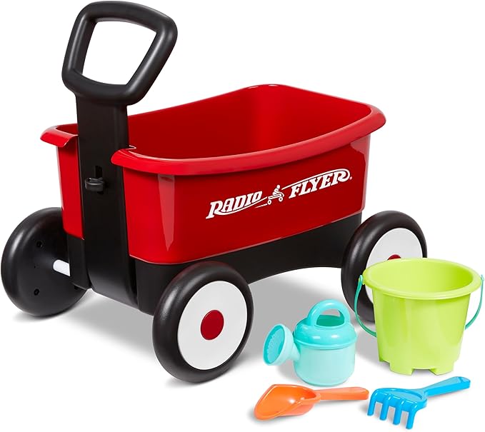 Radio Flyer Push & Pull Walker Wagon with Garden Tools, Red, for Kids 1-4 Years Old, Locking Handle for Stability, Baby Push Walker Converts to Pull Wagon, for Indoor & Outdoor Play