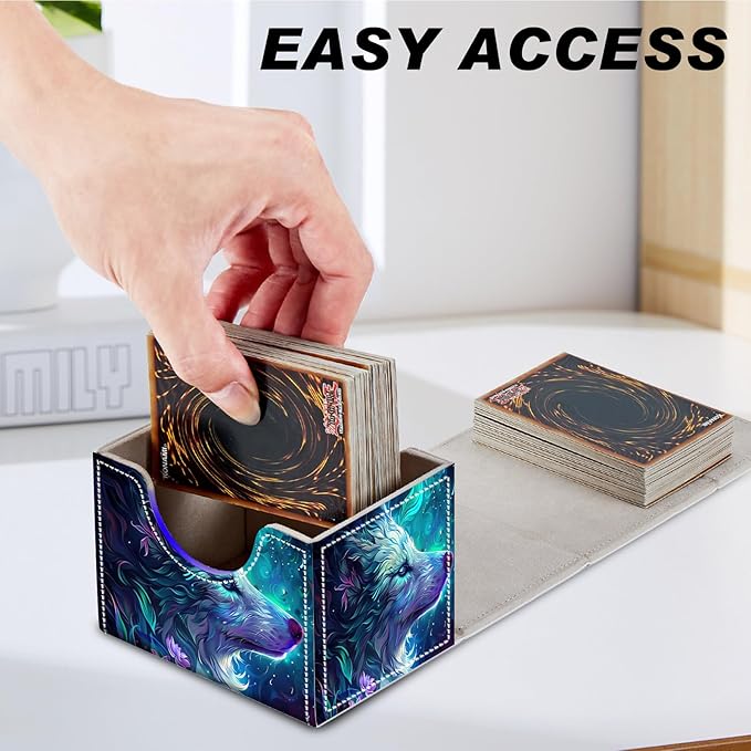 DEGDFSGRCard Game Storage Box for TCG MTG Commander Deck Box Organizer Trading Card CaseMagnetic Closure Creative Pattern Up to 200 Cards (Blue And Purple Glowing Wolf, 1 pack)