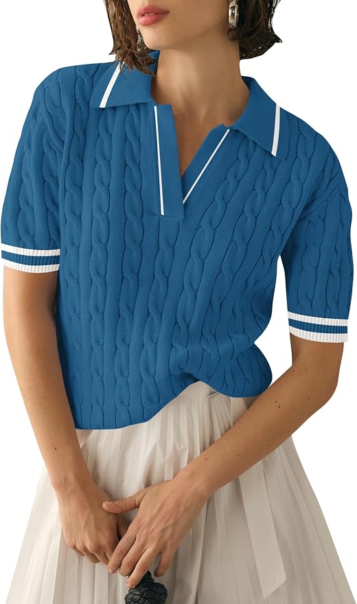 Micoson Womens Short Sleeve Sweater Tops Lapel V Neck Polo Shirts 2026 | Summer Cable Knit Loose Blouses, Business Casual Outfits