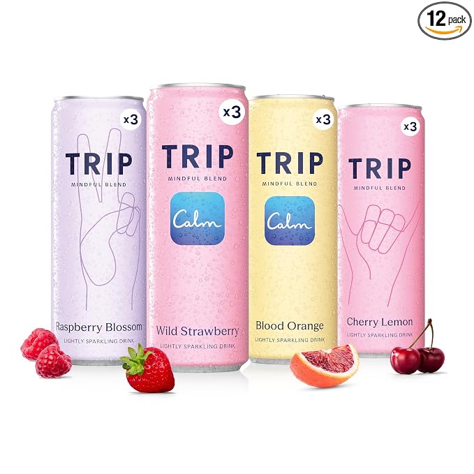 TRIP Lightly Sparkling Adaptogen Seltzer, Non-Alcoholic Mocktail with Magnesium, Ashwagandha, Lions Mane & L Theanine, No Added Sugar, Vegan, Citrus Berry Variety Pack, 12 Oz, 12Pk
