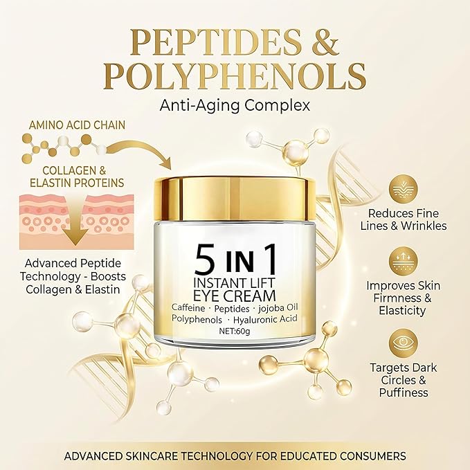 Grospe 5 in 1 Eye Cream for Dark Circles & Puffiness, Anti Aging Instant Lifting Under Eye Cream for Bags, Wrinkles & Fine Lines Firming Eye Treatment with Caffeine Hyaluronic Acid Hydrating, 2.1Oz