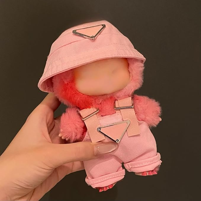 Clothes for 17cm Dolls(NO Doll)，Premium Handmade Clothes，Adjustable Kawaii Outfits for Clothes Set，Dolls Keychain Accessories，Bucket Hat+Overalls (Pink)