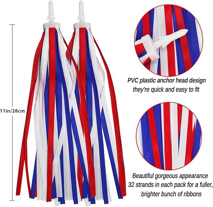 PLATT Kid's Bicycle Handlebar Streamers Colorful Ribbons Tassel for Girls Boys Bicycle Handlebar Scooter Handgrip (1Pair) (Red+White+Blue)