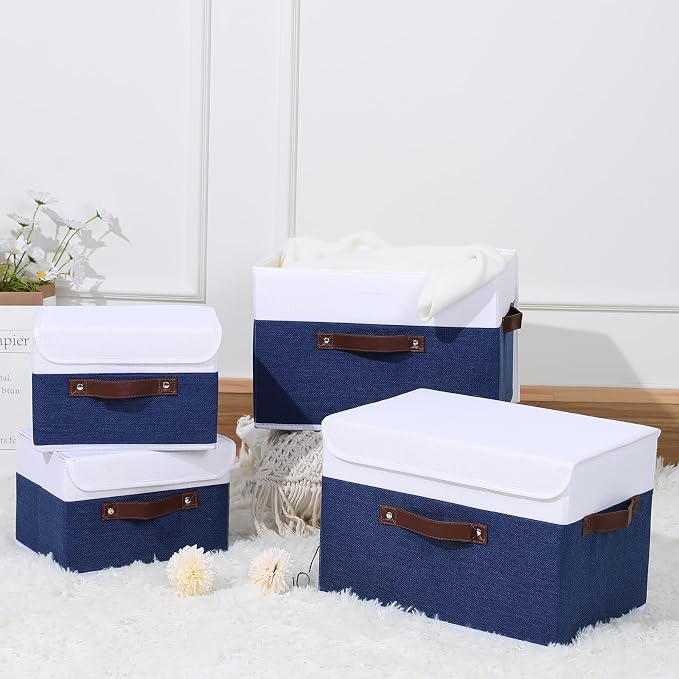 ANMINY Fabric Storage Box Bins with Lids, Blue White, 15"x10"x10", 4 Pack | Keepsake Memory Storage, Cotton Linen, PP Board Reinforced, Washable, PU Handles, Foldable & Stackable, Decorative, Large