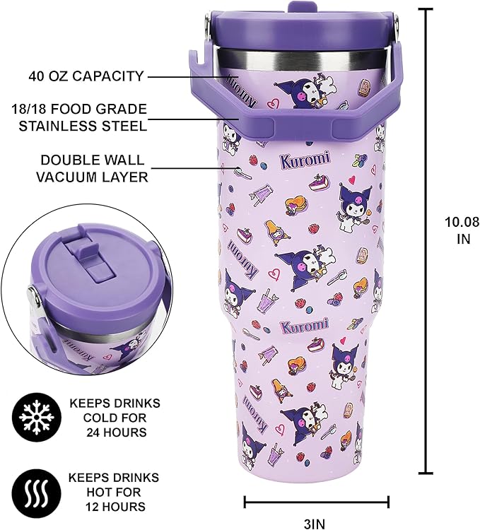Bioworld Kuromi Purple All-Over Print 40 Oz Stainless Steel Tumbler With Handle