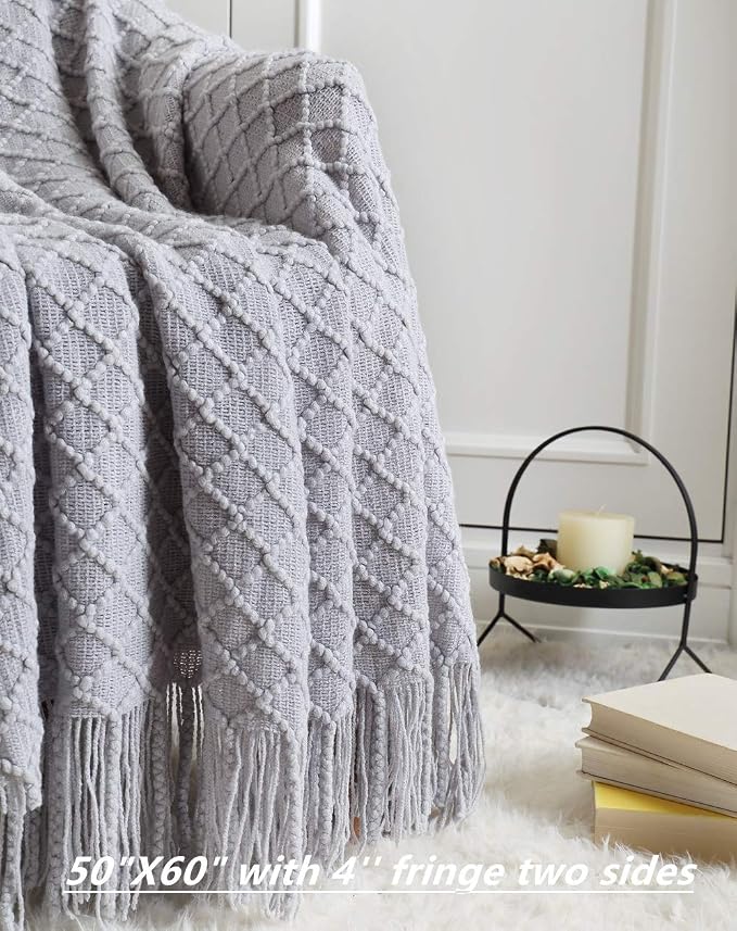 CREVENT Rustic Farmhouse Couch Sofa Throw Blanket for Bedroom Living Room Decoration, Soft Warm Cozy Light Weight for Spring Summer (50''X60'' Light Grey)