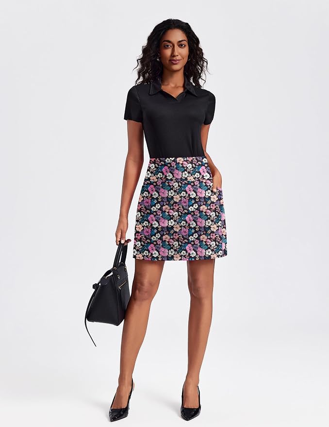 PINSPARK 19" Knee Length Skorts for Woman with Pockets UPF 50+ Golf Skirts | 4 Pockets, Built-in Shorts, High Waisted & Tummy Control, Moisture-wicking for Golf Athletic Tennis Workout Casual
