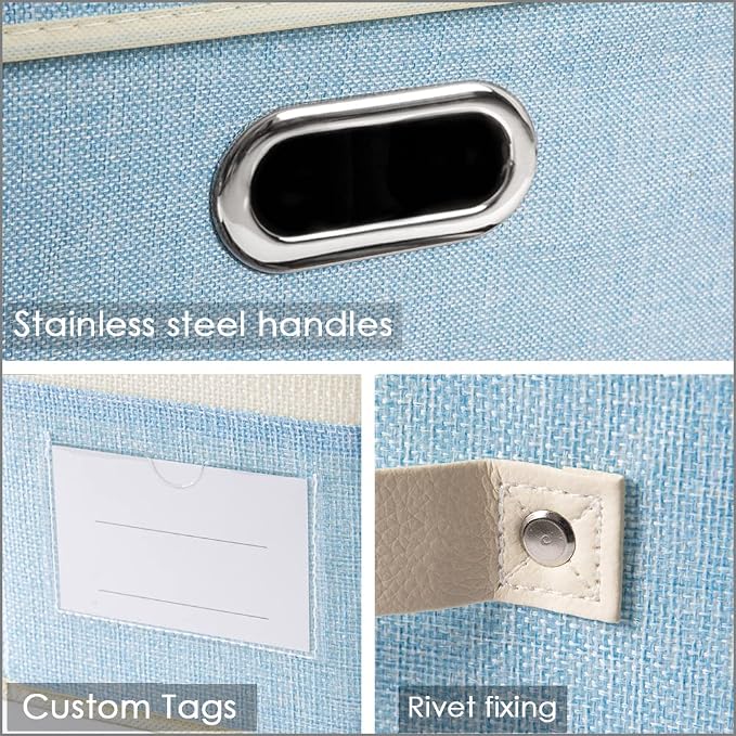 Large Foldable Storage Boxes with Lids [3-Pack] Fabric Collapsible Storage Bins Organizer Containers Baskets Cube with Cover for Home Bedroom Closet Office Nursery Blue&Cream(17.7x11.8x11.8)