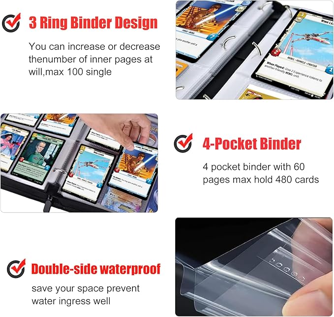 Card Binder for Trading Cards,4 Pocket with 50 Sleeves up to 400 Cards,Waterproof Card Storage Bag with Sleeves for Playing Game Cards