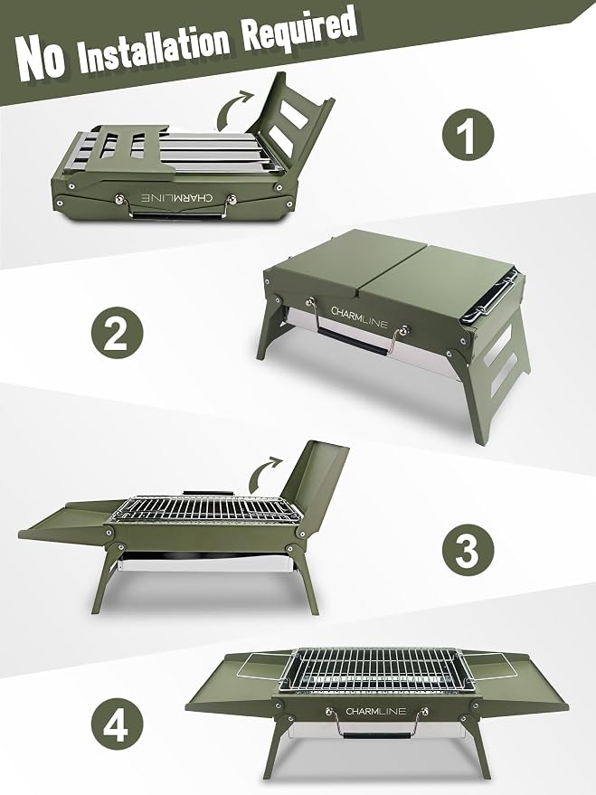 Charmline 14 x 9 inches Small Portable Charcoal BBQ Grill, Foldable Compact Camping Barbecue for 1–3 People, Ideal for Garden, Beach, Picnic & Tabletop Use, Green