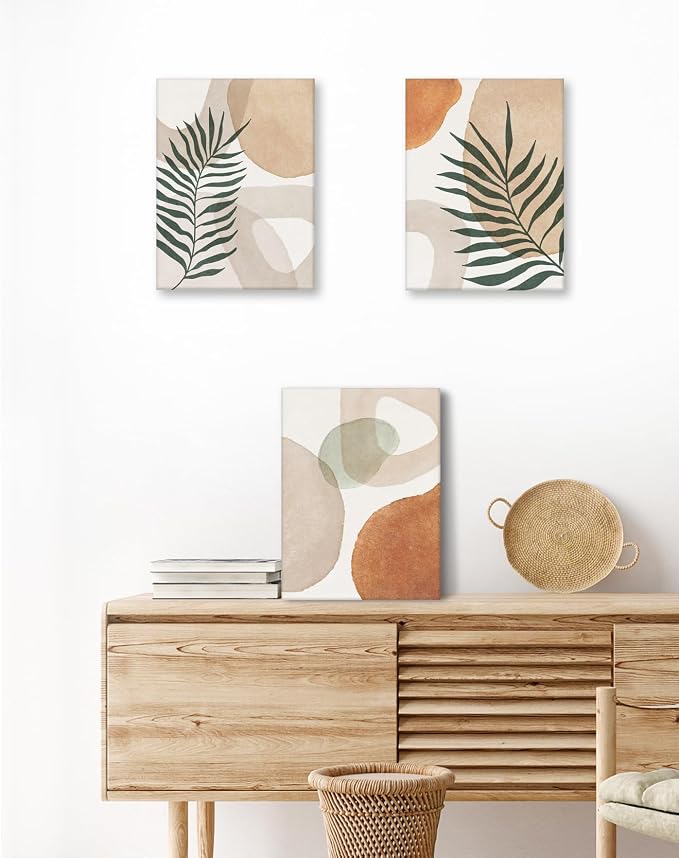 HesenDot Abstract Botanical Wall Art Set of 3, 30x40CM Neutral Plant Framed Canvas Prints, Beige Green Boho Aesthetic Wall Decor for Living Room Bedroom Bathroom Office Home