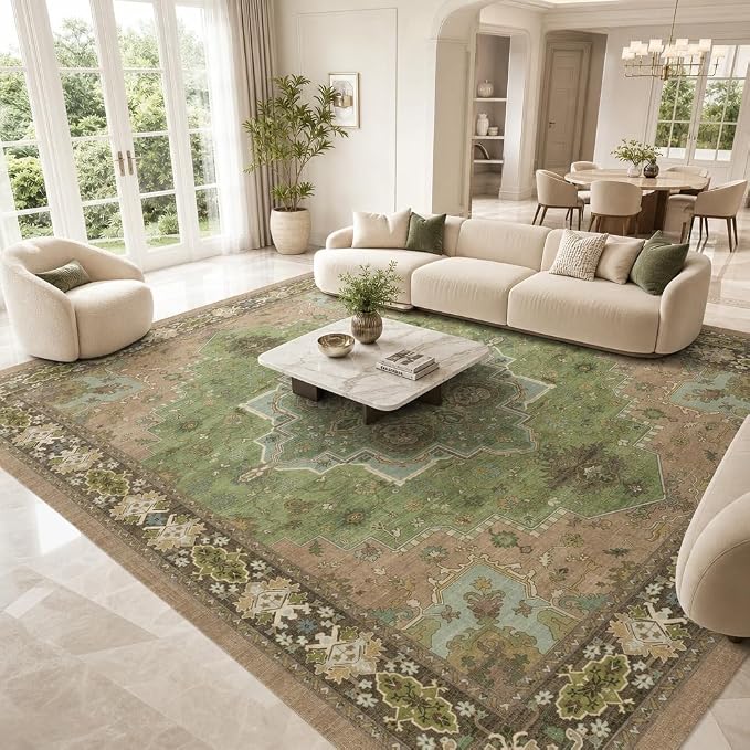 AMADA HOMEFURNISHING 9x12 Area Rug for Living Room, Vintage Washable Area Rug Low-Pile & Non-Slip Carpet for Bedroom Dining Room Nursery Home Office, Green