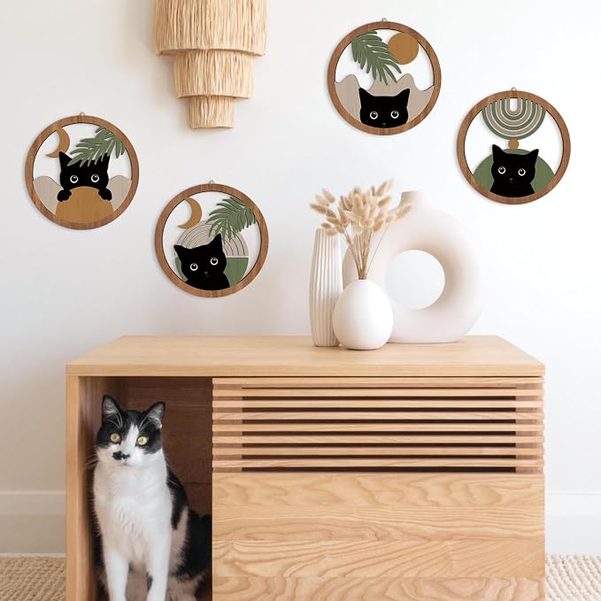 HPNIUB Abstract Mid Century Boho Black Cat Wall Decor-4 Pieces 10''x10'' | Farmhouse Geometric Hanging Wooden Wall Art,Bohemian Moon and Sun Wood Sign for Nursery Bedroom Decoration, Lovely Cat Gifts