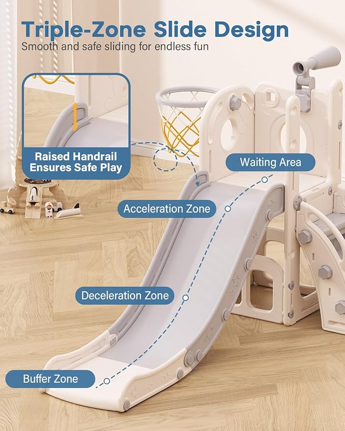 Babytronic Toddler Slide, 6 in 1 Kids Indoor Slide for Toddlers 1-3, Baby Indoor and Outdoor Climber Playset, Kids Slide with Basketball Hoop and Telescope, Toddler Outdoor Playground(White&Gray)