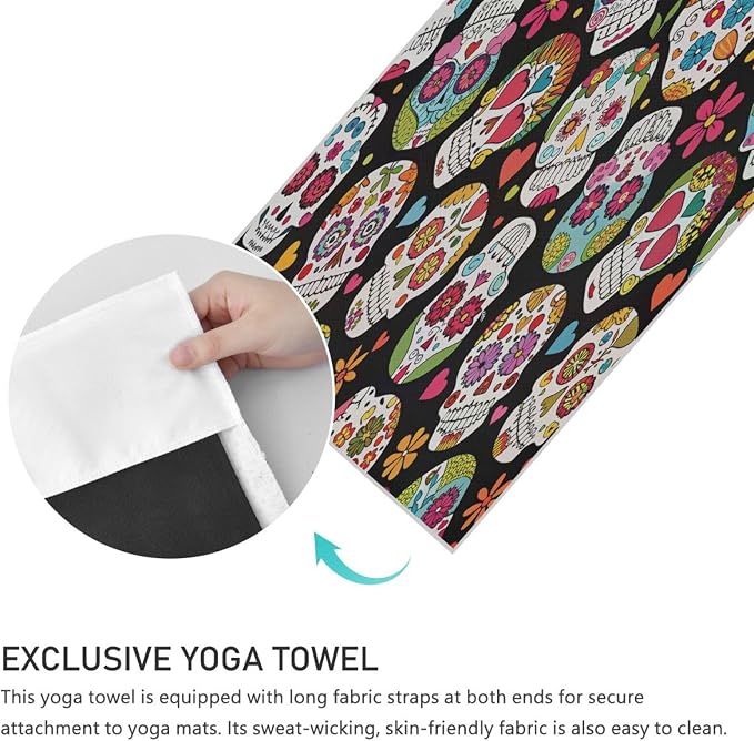 Mexican Sugar Skull Flower Hot Yoga Towel with Carry Bag - Sweat Absorbent Non Slip Yoga Mat Towel for Bikram Pilates Mats, Workout, Gym, 73"x27"