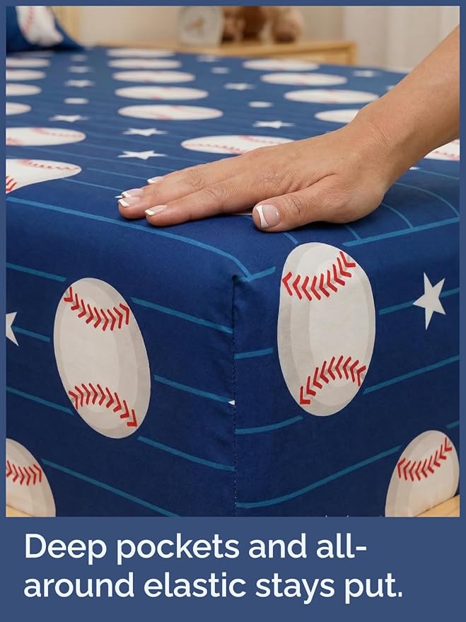 CGK Unlimited Kids Baseball Queen 4 Piece Sheet Set - Boys, Girls, Teens, Toddler - Easy Fit Deep Pockets - Ultra Soft, Cooling & Breathable Sheets - Cute, Cozy, Fade & Wrinkle Free - Machine Washable