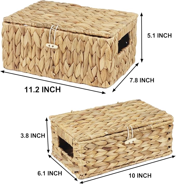 Water Hyacinth Wicker Baskets with Lids, Set of 2 | Small and Medium Storage Boxes, Shelf Organizer Bins, Rectangular Woven Design, Multipurpose Home Storage, Natural Decor