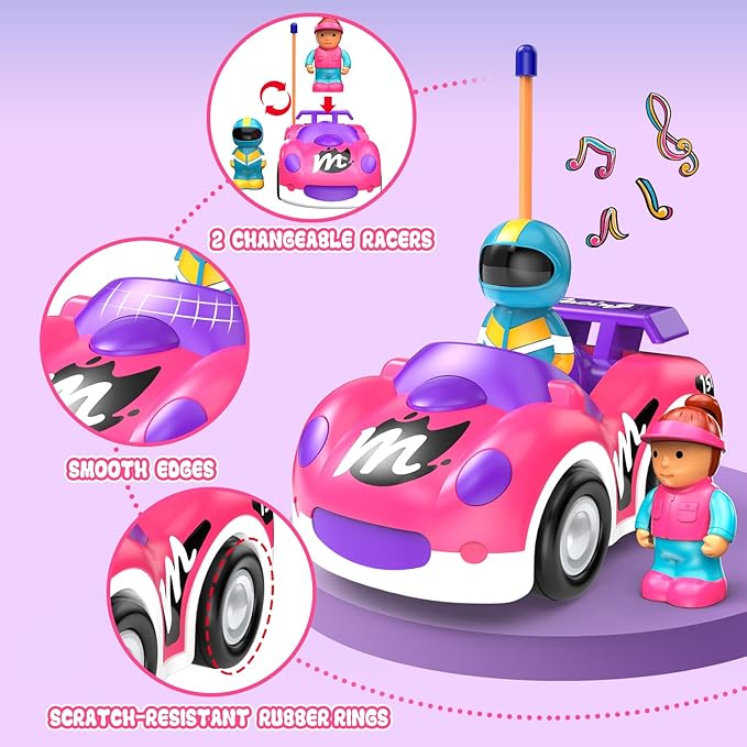 Elovien Remote Control Car for Toddlers 1-3, RC Race Toys for 3 Year Old Girl, Radio Controlled Car with Lights & Music Toys for Ages 2-4 Girls, Birthday Gift for Toddlers Baby Girls (Pink)