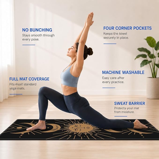 Yoga Mat Towel, Black Hot Yoga Non Slip Corner Pockets, 70 x 26 in | Soft Absorbent Microfiber With Four Corner Pockets, Fits Over Yoga Mats For Hot Yoga, Pilates, Gym, And Travel