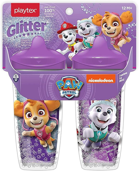 Playtex Baby Sipsters Hard Spout PAW Patrol Sippy Cup for 12+ Months, 9 Ounce (2 Count), Purple Glitter Skye Design, Insulated Toddler Water Bottle for Kids, Spill-Proof Cups for Toddlers 1-3, Stage 3