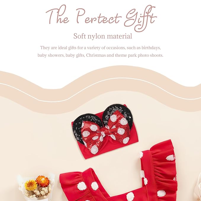 2Pcs Red Baby Girl Large Mouse Ears Dot Headbands with Sequin Bow, Wide Nylon Turban Hairband, Theme Park Headwear, Hair Bow Headband for Toddler, Kids, Party Supplies