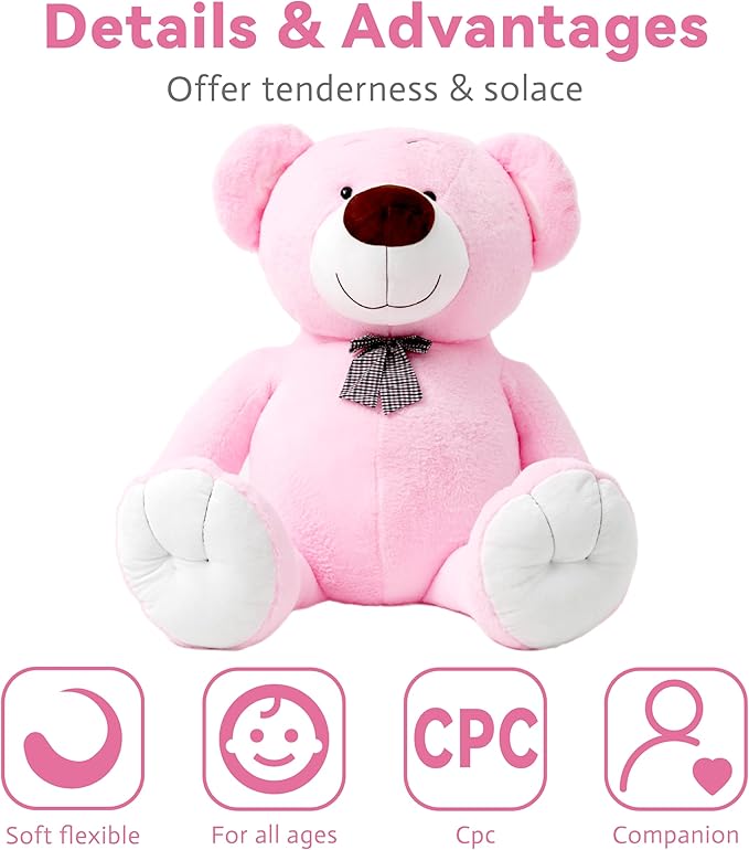 40 Inch Giant Teddy Bear Stuffed Animal, Big Teddy Bear Plush, Birthday Christmas Valentine's Gift for Girlfriend & Kids, Pink, 4.5 lbs