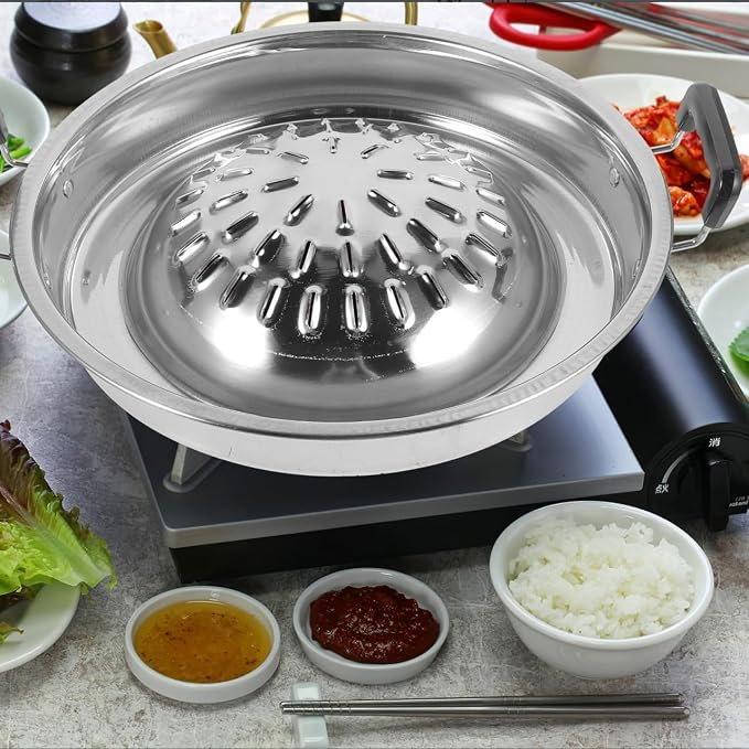 ABOOFAN Korean Bbq Grill Pan Stainless Steel Barbecue Stove Portable Round Grill Plate for Outdoor Cooking Meat Vegetables Bulgogi Tabletop
