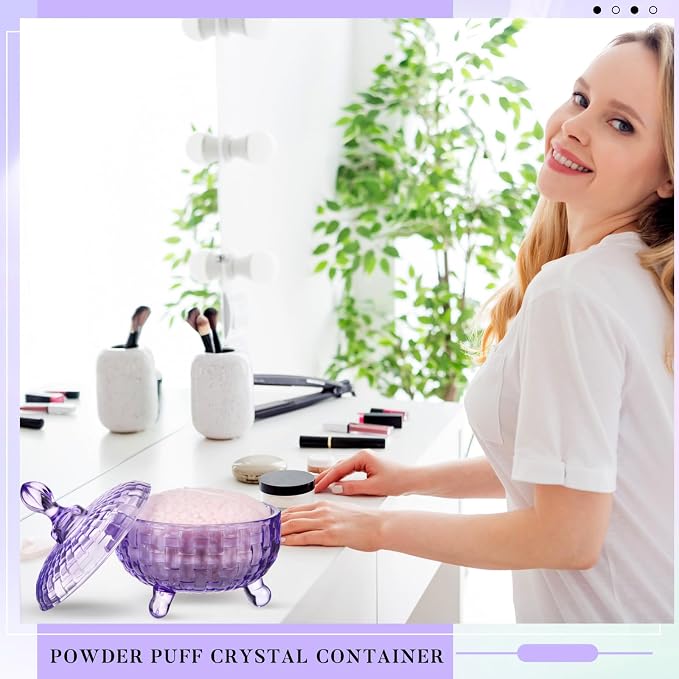 Tioncy 2 Pcs Extra Large Dusting Powder Puff and Container for Women-6'' Glass Crystal Dusting Powder Container with Body Soft Washable Reusable Velour Face(Purple,Weave Design)