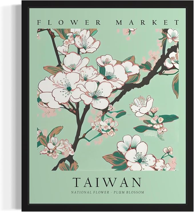 Taiwan, Plum Blossom Art Print Poster, Flower Market Wall Art, Floral Artwork Decor for Bedroom, Kitchen, Bathroom, Livingroom Decoration 52 (Taiwan, Plum Blossom, 14"L x 11"W, Black Frame)
