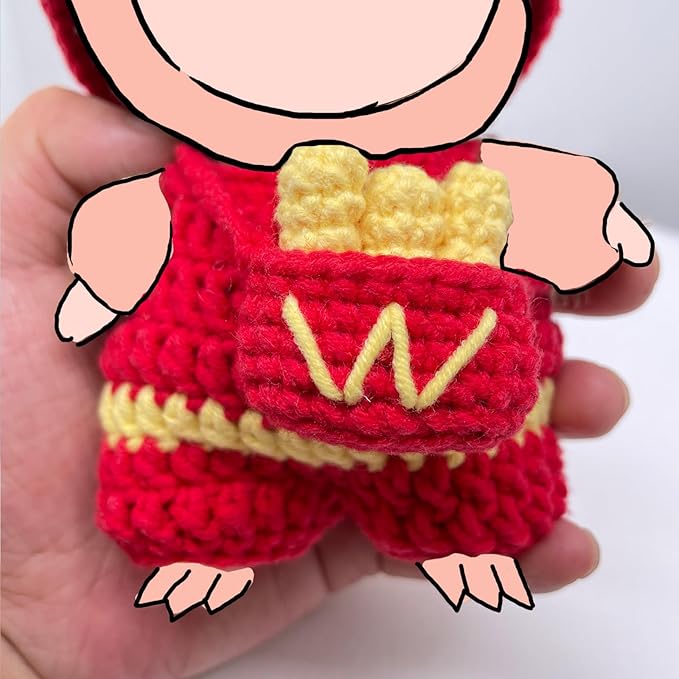 17cm Doll Clothes, 3-Piece Handmade Crochet Doll Outfit Set, Kawaii Style Accessories with Cute Hat, Jumpsuit & French Fries Bag Compatible 6 Inch, Gift for Collectors (ONLY Outfit)