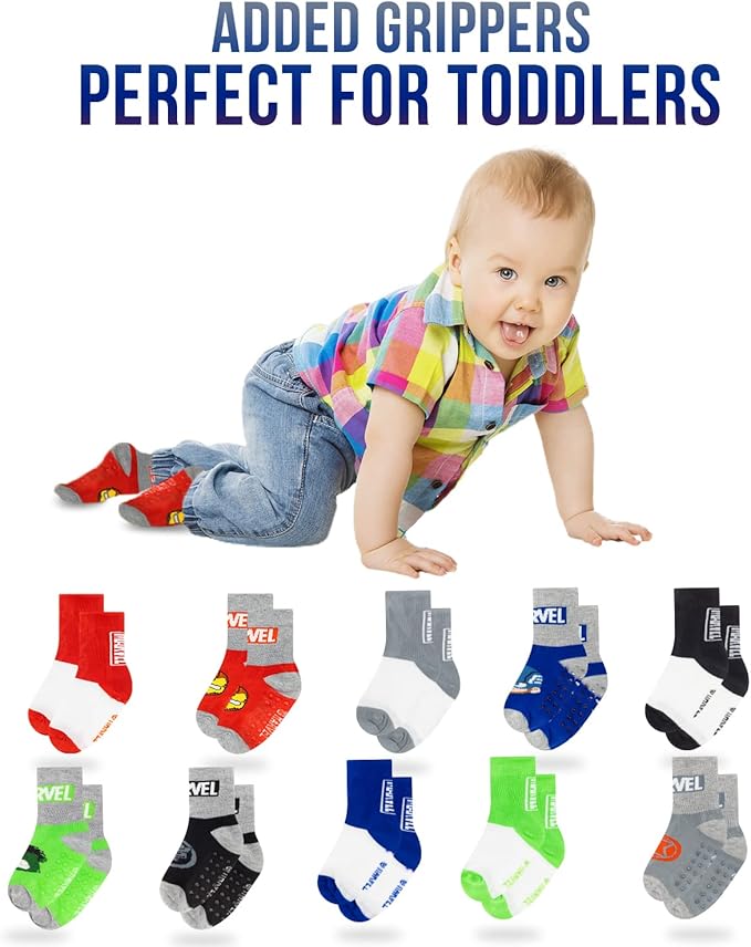 Marvel Spiderman Grip Socks, 10 Pack, Toddler Boys, Ankle Length, Multicolor, Small